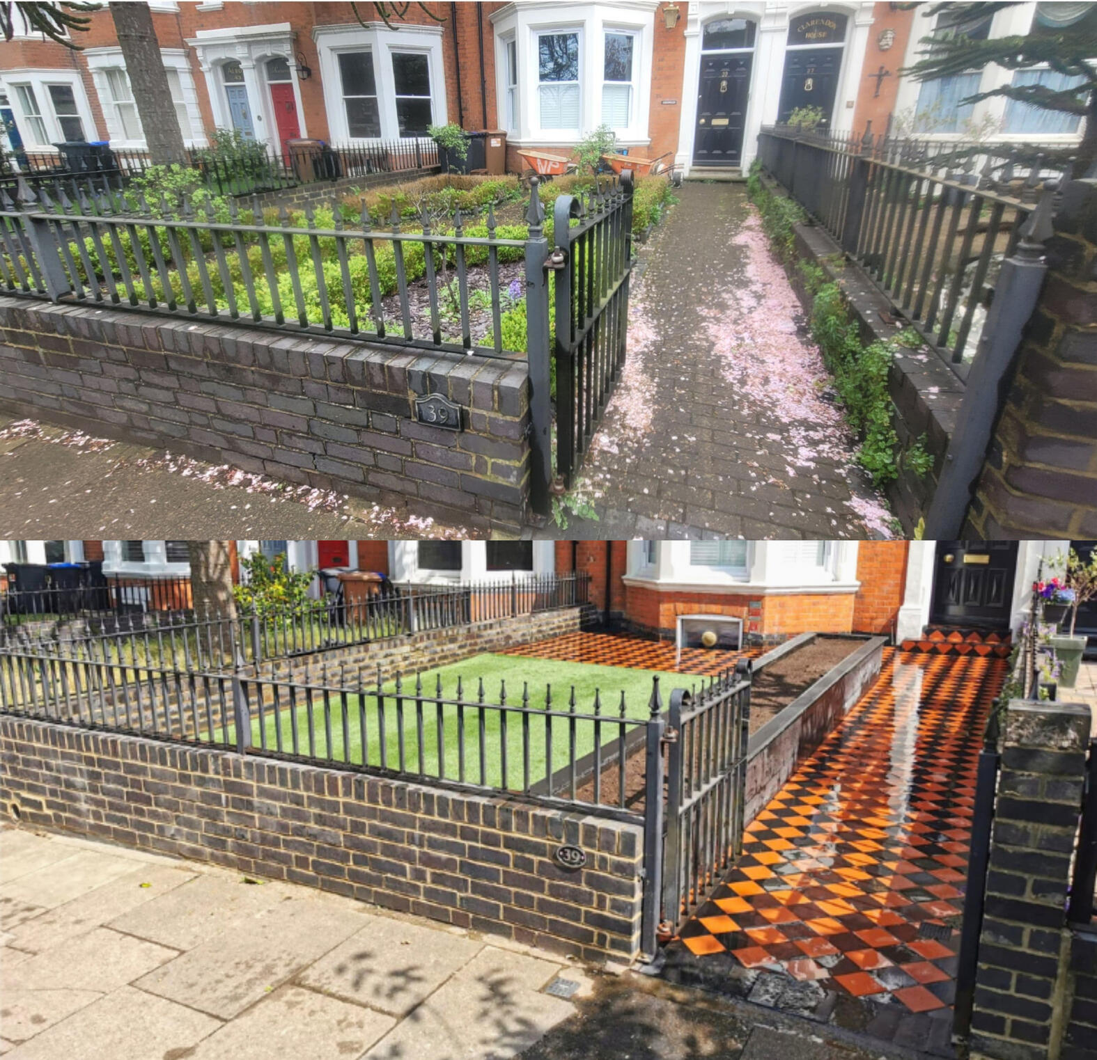 Victorian geometric tile front garden patio renovation by N&P Landscaping in Northampton